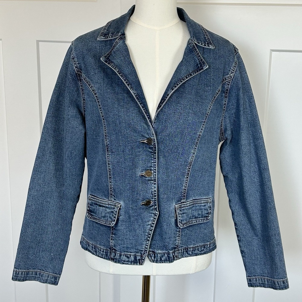 Ethyl Vintage Denim Blazer Jacket ~ Women's LARGE ~Medium Wash Stretch Y2K Retro - Picture 2 of 11